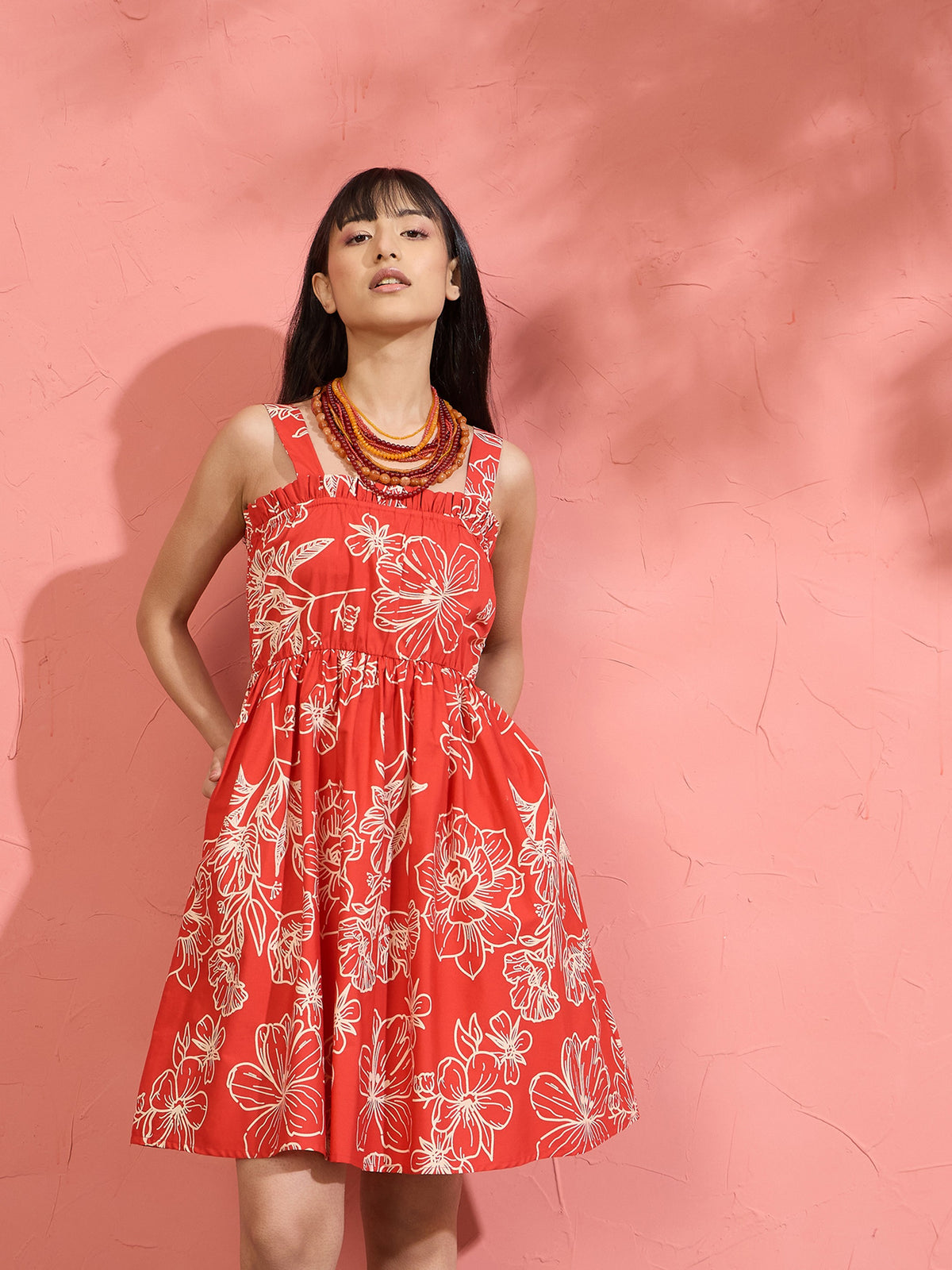 Red Poplin Floral Ruffle Neck Smocked Skater Dress-Pink Paprika by SASSAFRAS