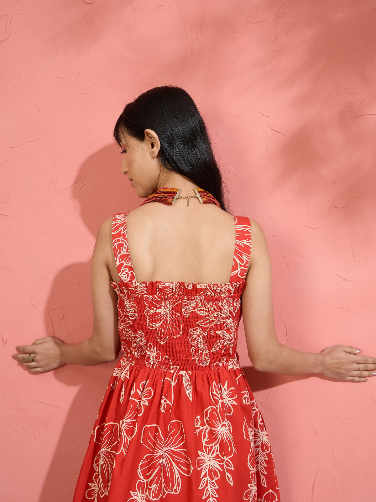 Red Poplin Floral Ruffle Neck Smocked Skater Dress-Pink Paprika by SASSAFRAS