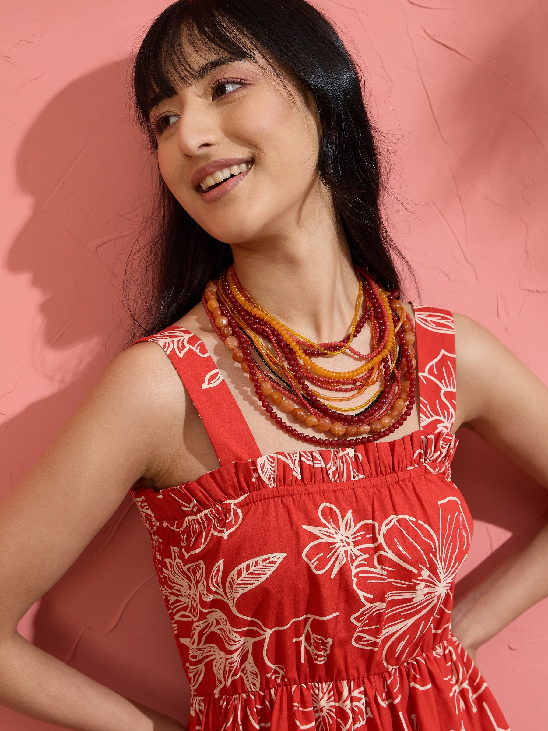 Red Poplin Floral Ruffle Neck Smocked Skater Dress-Pink Paprika by SASSAFRAS