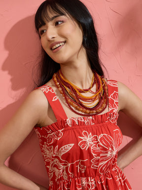 Red Poplin Floral Ruffle Neck Smocked Skater Dress-Pink Paprika by SASSAFRAS