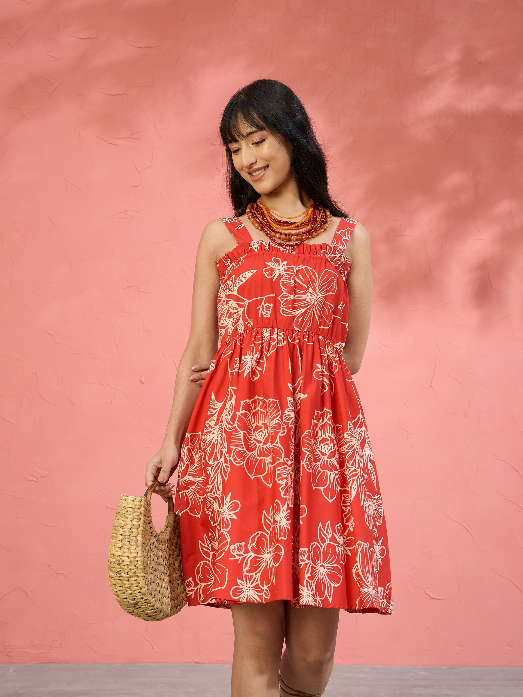 Women Red Poplin Floral Ruffle Neck Smocked Skater Dress