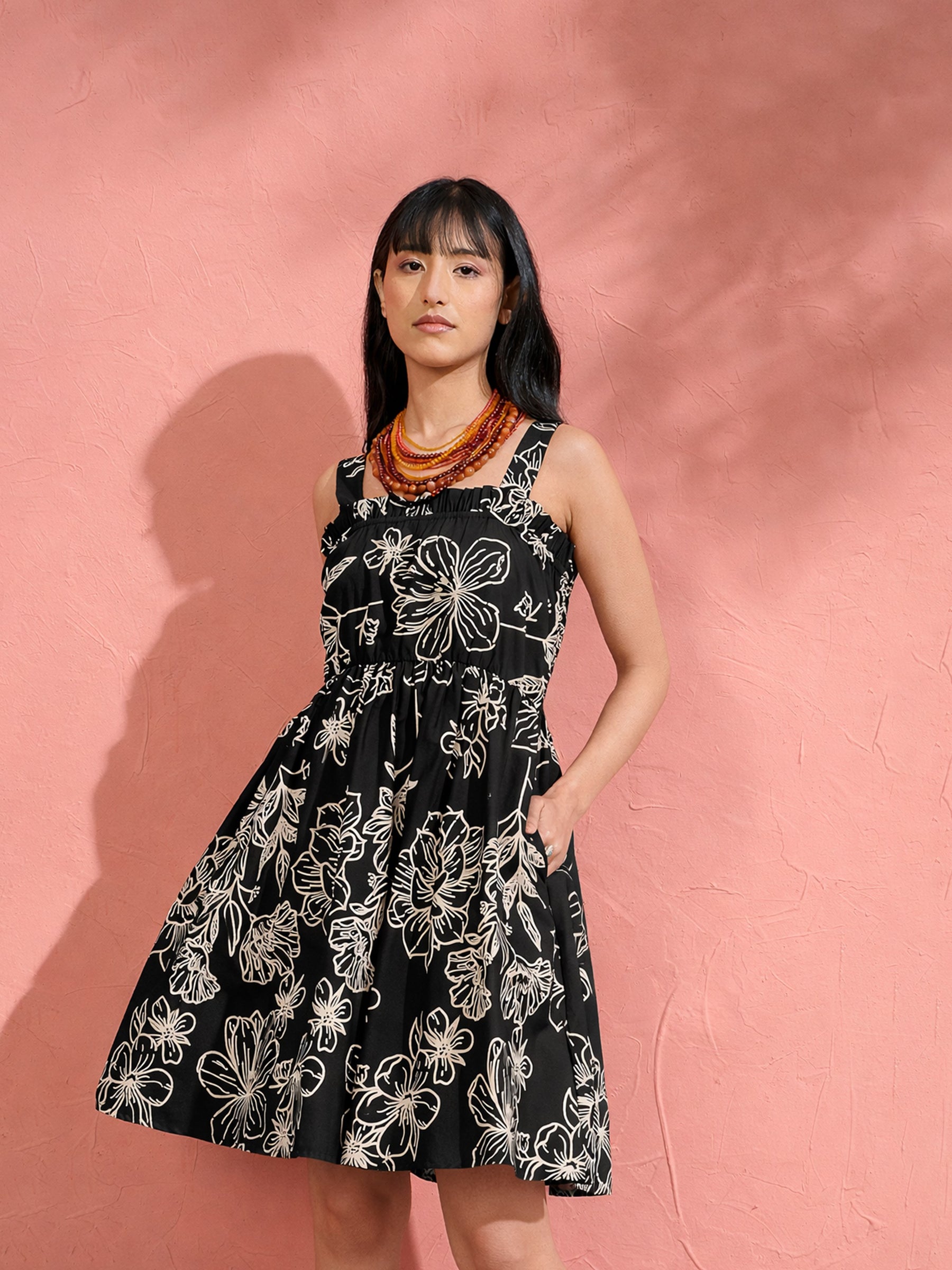 Women Black Poplin Floral Ruffle Neck Smocked Skater Dress