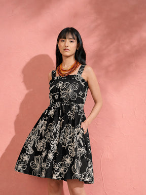 Women Black Poplin Floral Ruffle Neck Smocked Skater Dress