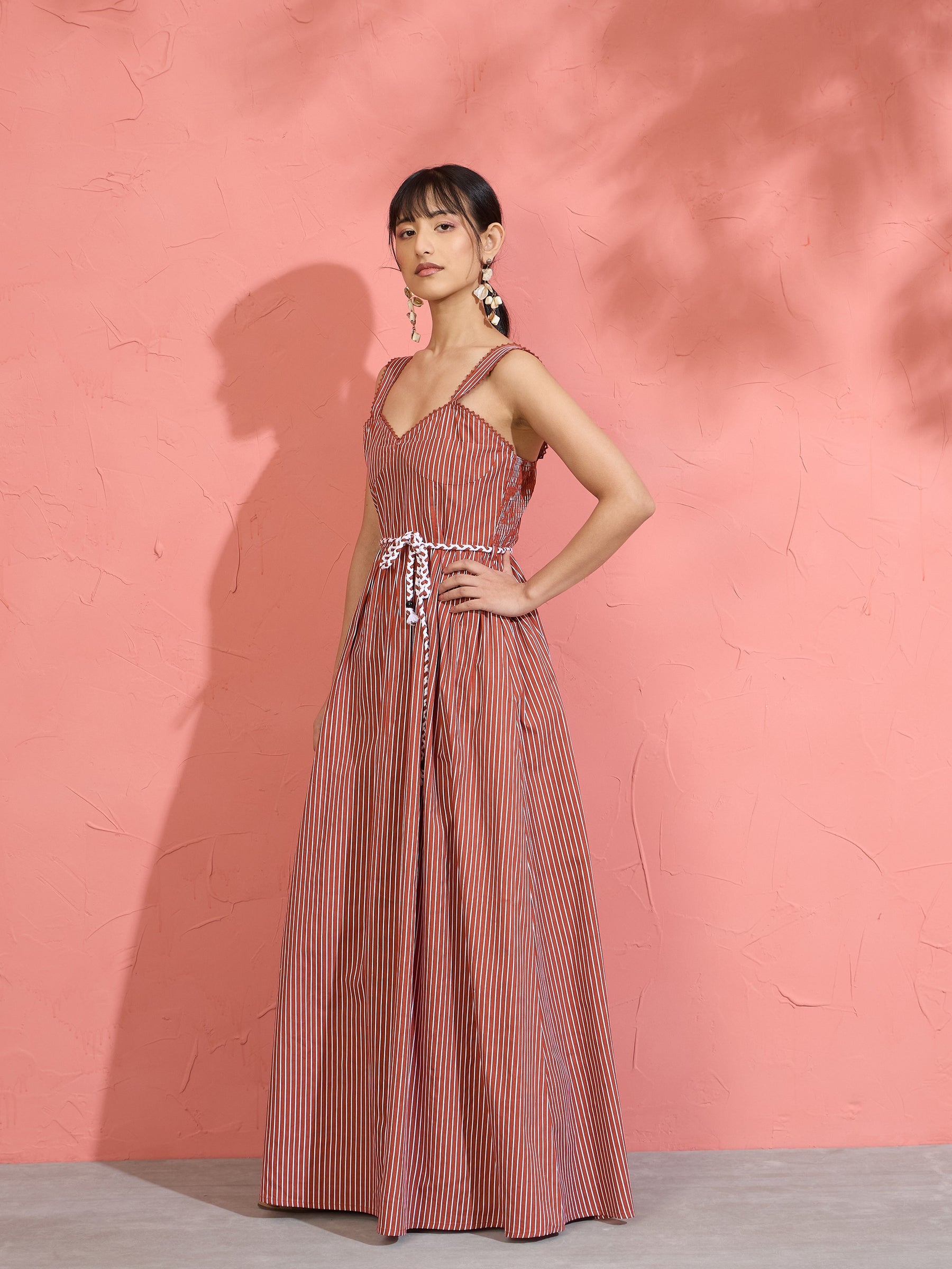 Brown Pin Stripe Maxi Dress-Pink Paprika by SASSAFRAS