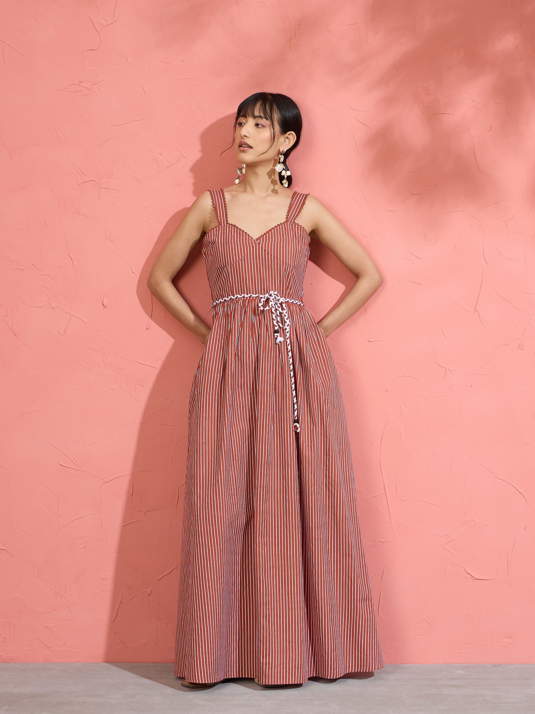 Women Brown Pin Stripe Maxi Dress