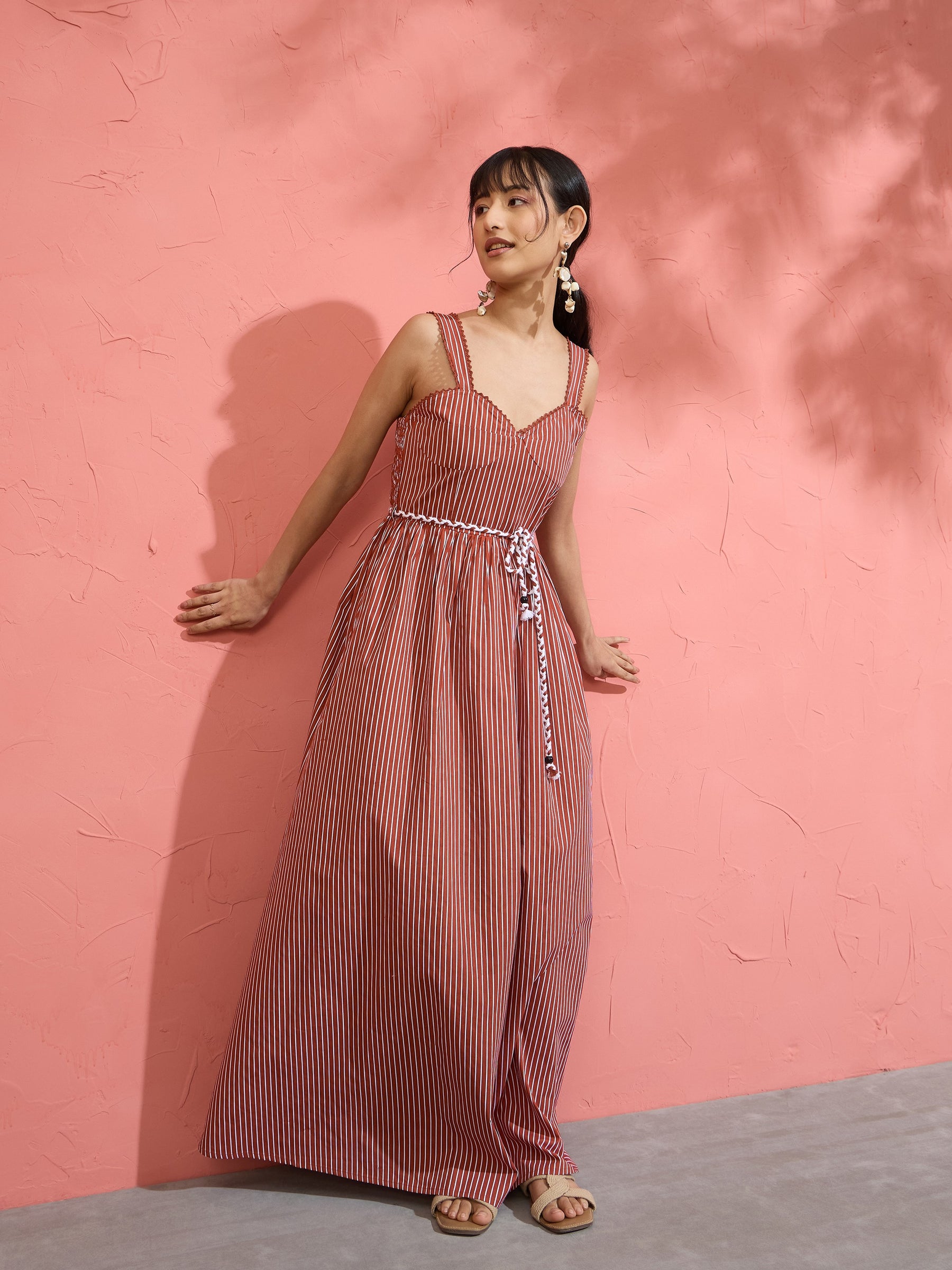 Women Brown Pin Stripe Maxi Dress