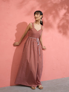 Women Brown Pin Stripe Maxi Dress