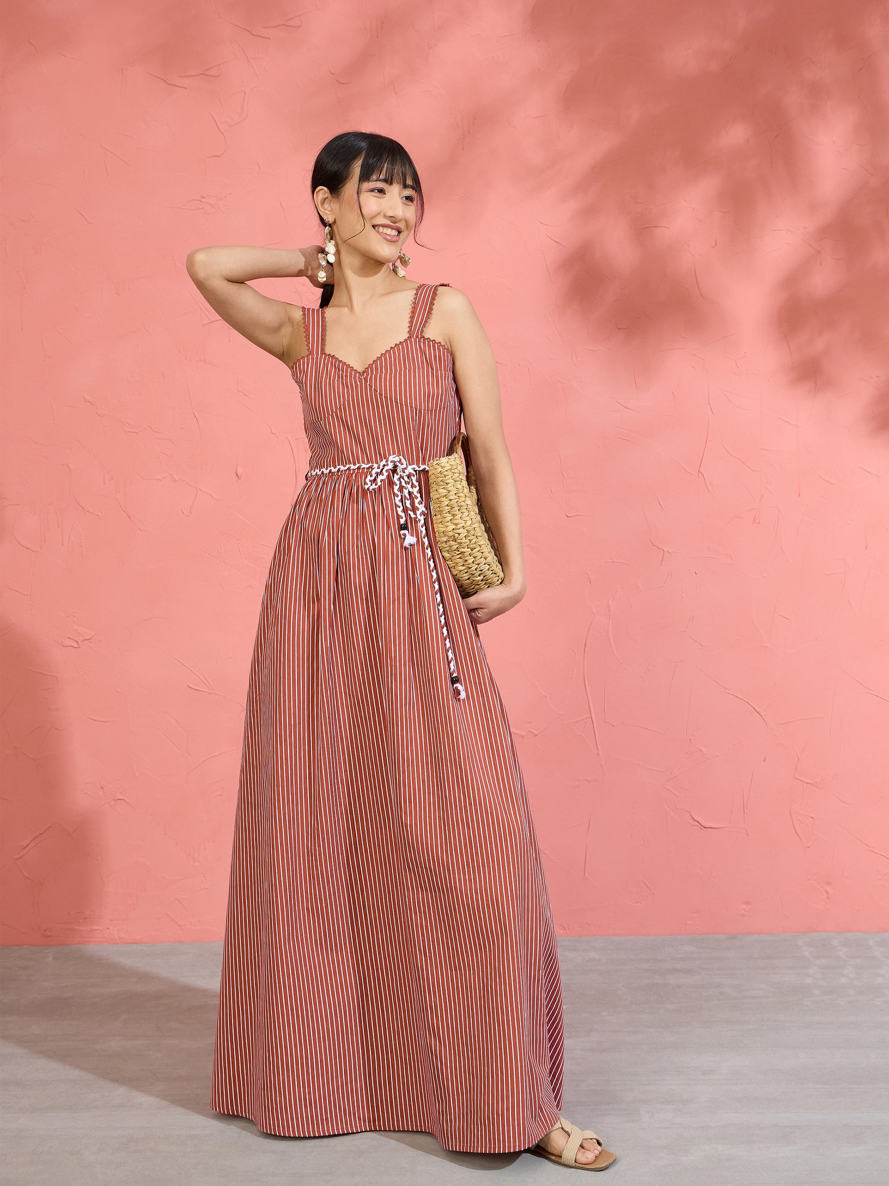 Women Brown Pin Stripe Maxi Dress