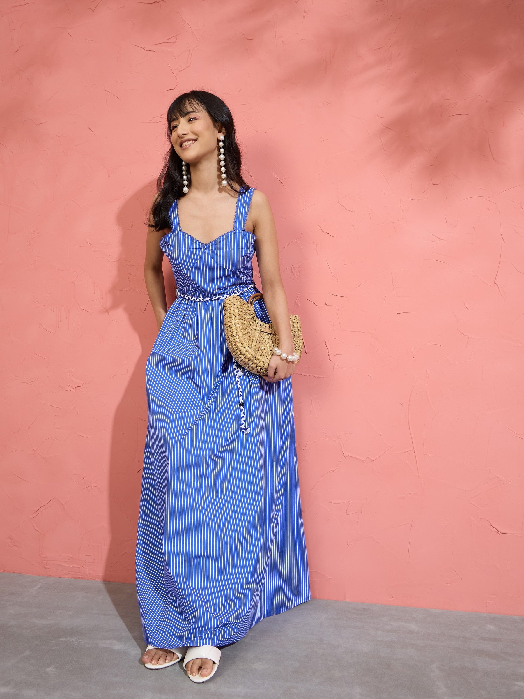 Blue Pin Stripe Maxi Dress-Pink Paprika by SASSAFRAS