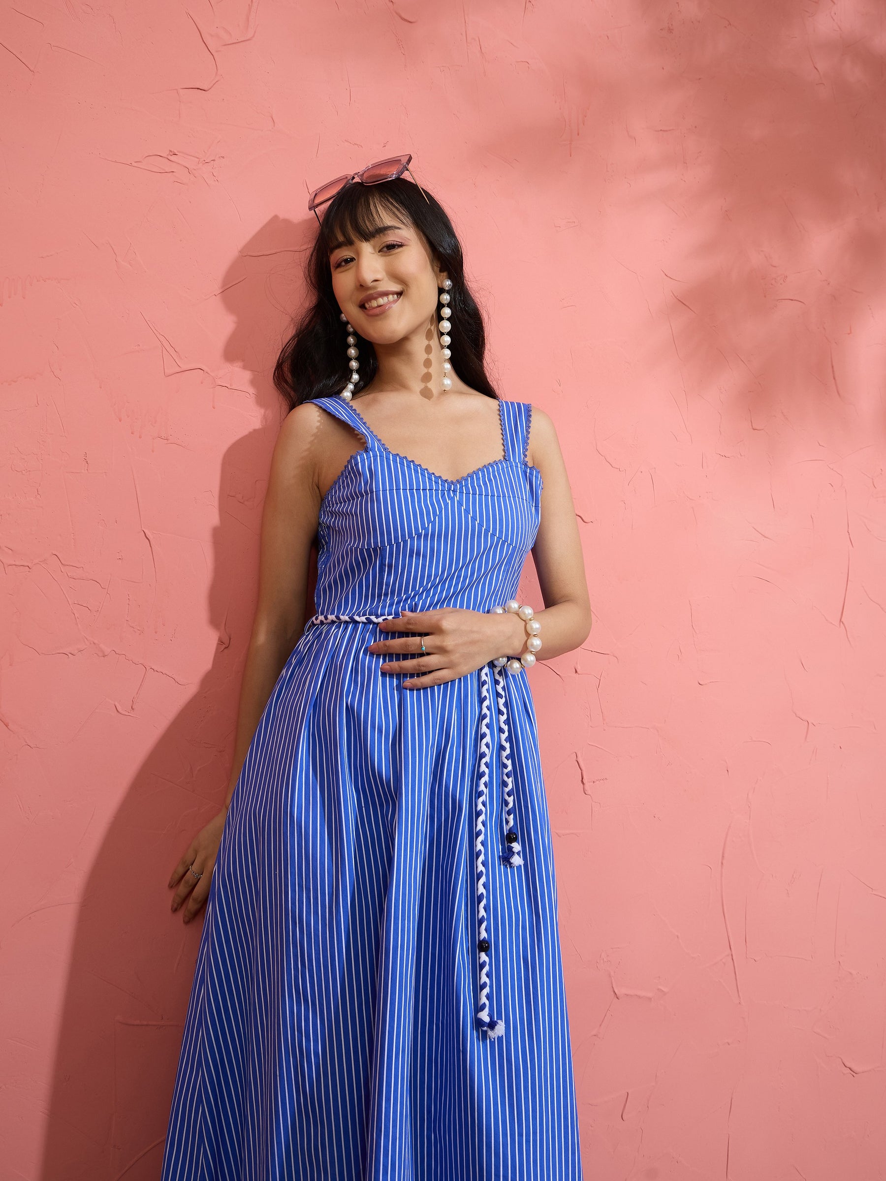 Blue Pin Stripe Maxi Dress-Pink Paprika by SASSAFRAS