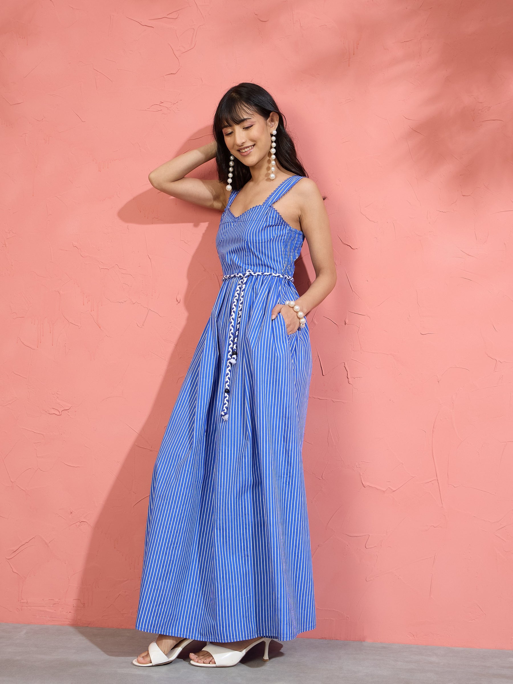 Blue Pin Stripe Maxi Dress-Pink Paprika by SASSAFRAS