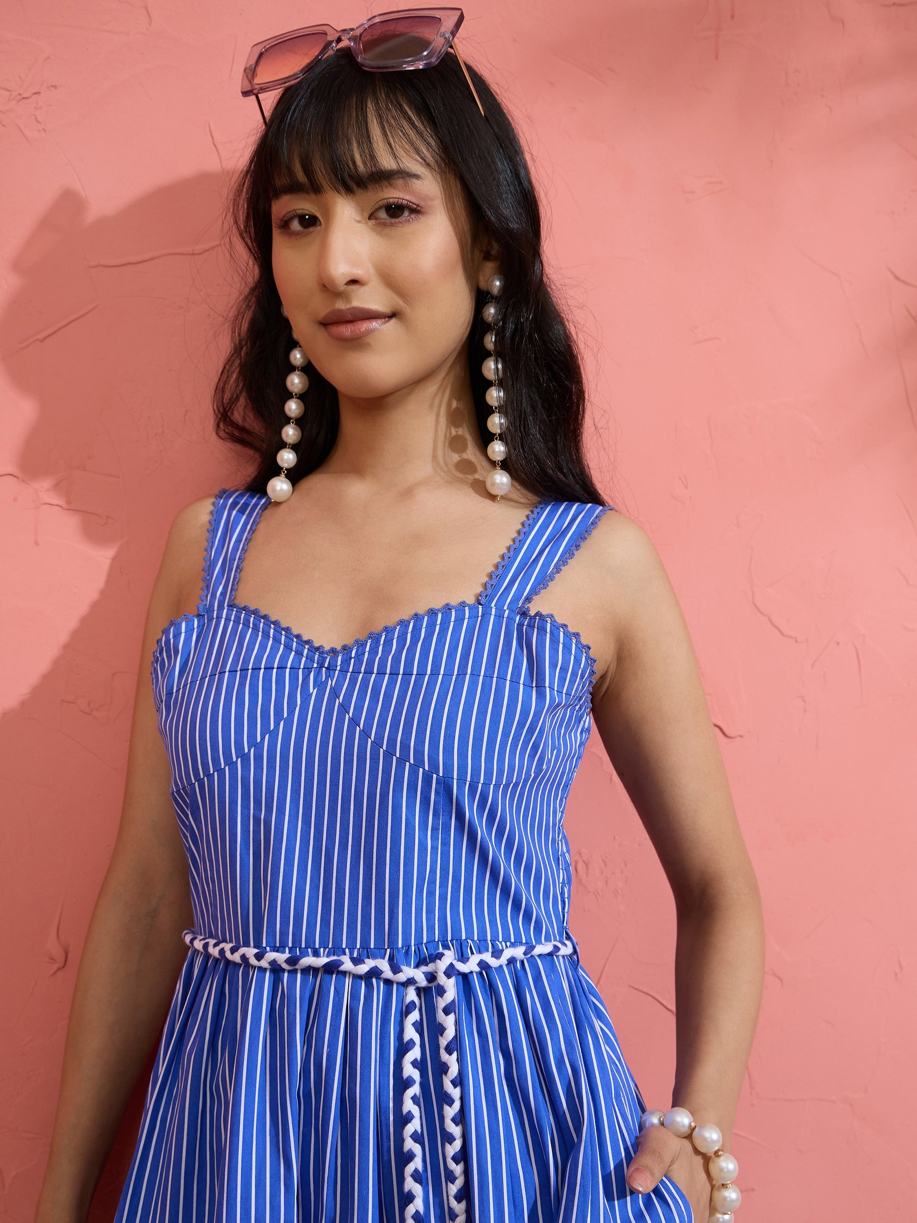 Blue Pin Stripe Maxi Dress-Pink Paprika by SASSAFRAS