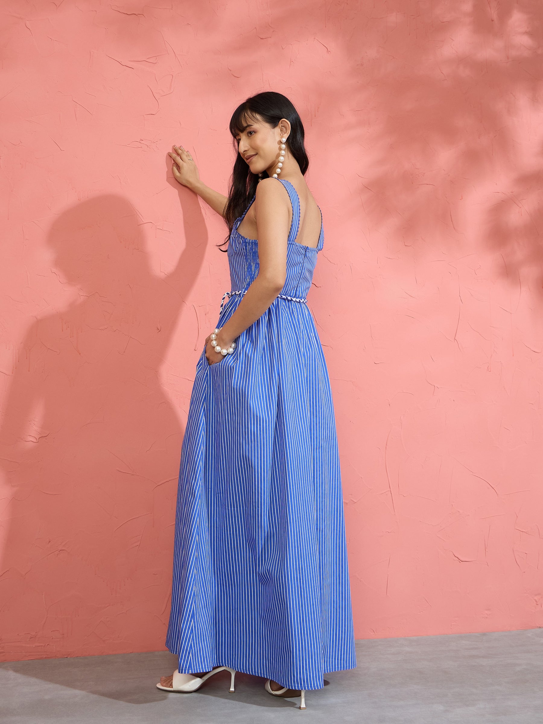 Blue Pin Stripe Maxi Dress-Pink Paprika by SASSAFRAS