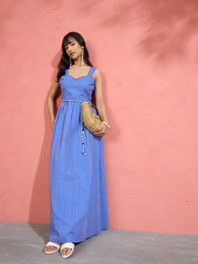 Women Blue Pin Stripe Maxi Dress
