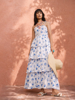 White & Blue Printed Frill Strappy Maxi Dress-Pink Paprika by SASSAFRAS