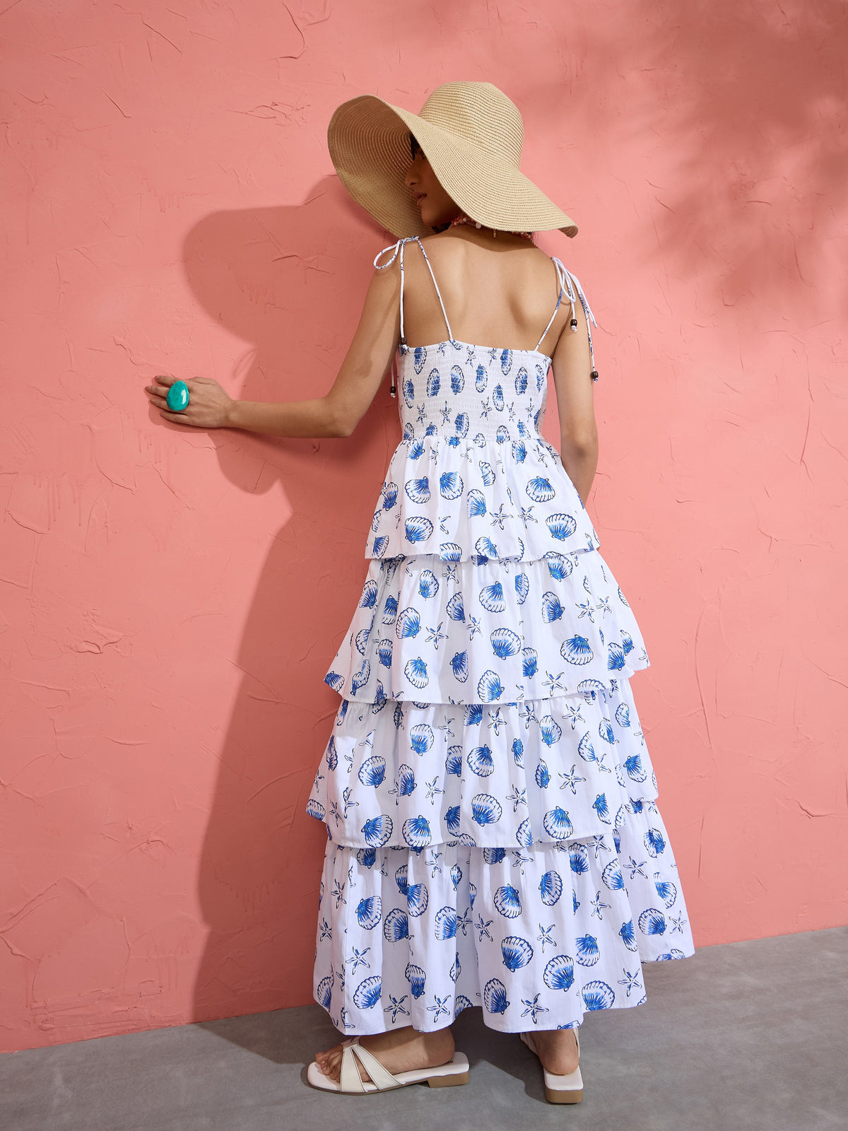 White & Blue Printed Frill Strappy Maxi Dress-Pink Paprika by SASSAFRAS
