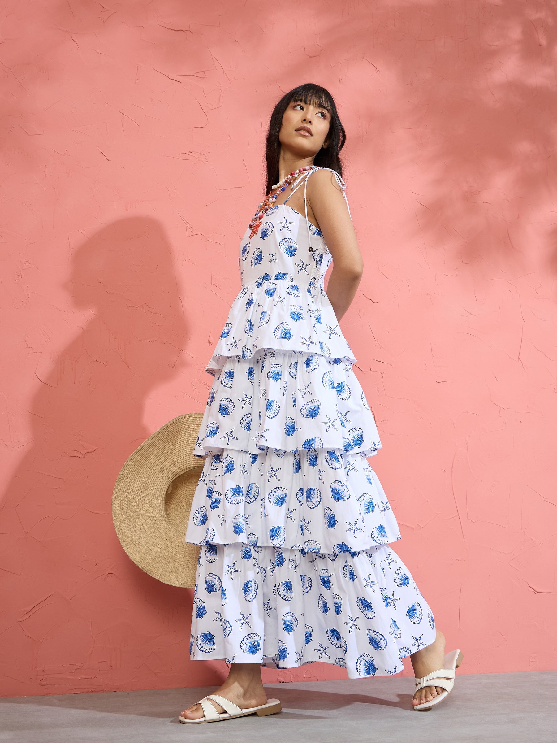 White & Blue Printed Frill Strappy Maxi Dress-Pink Paprika by SASSAFRAS