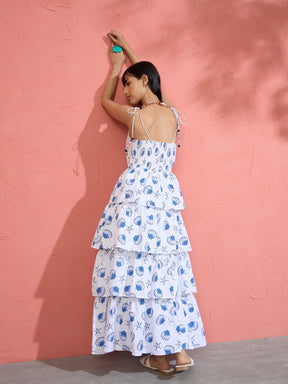 White & Blue Printed Frill Strappy Maxi Dress-Pink Paprika by SASSAFRAS