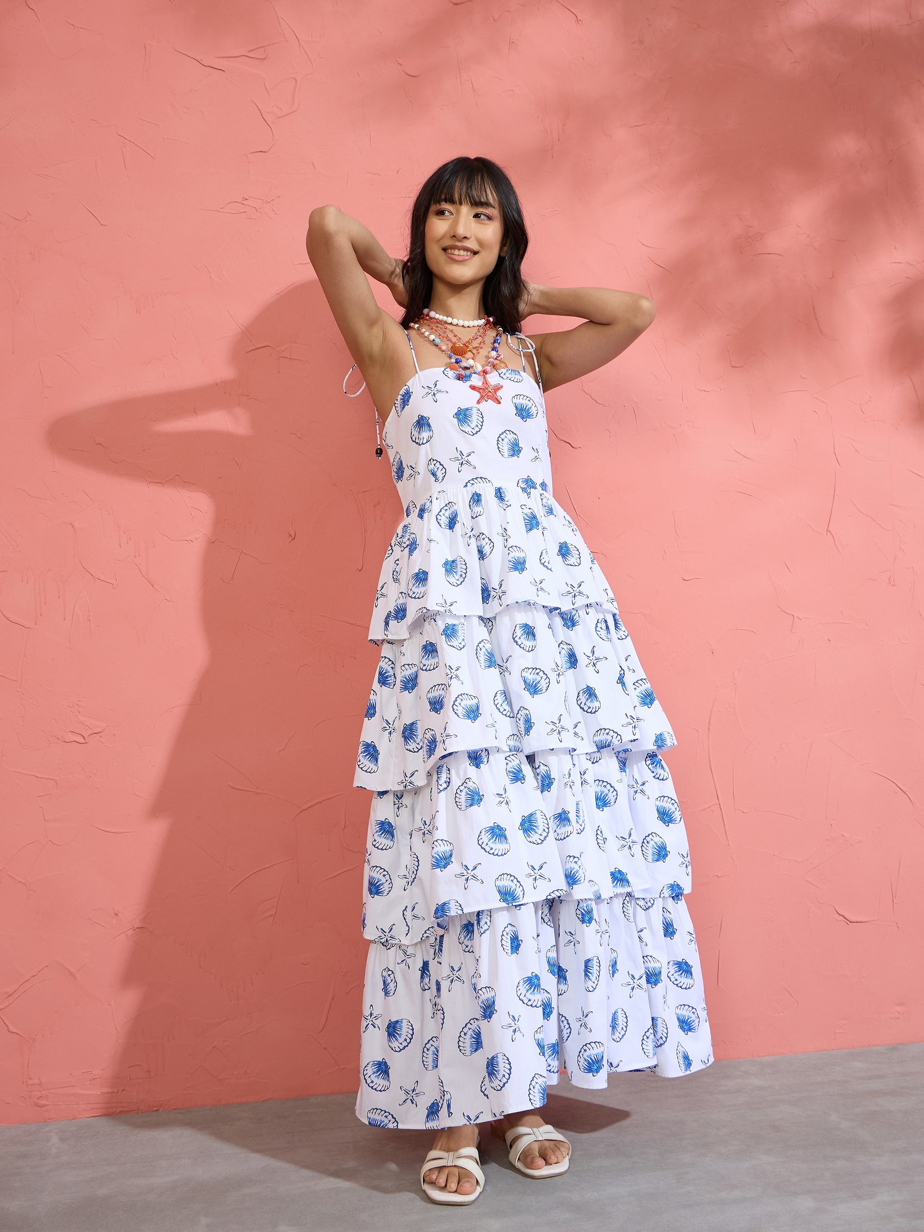 White & Blue Printed Frill Strappy Maxi Dress-Pink Paprika by SASSAFRAS