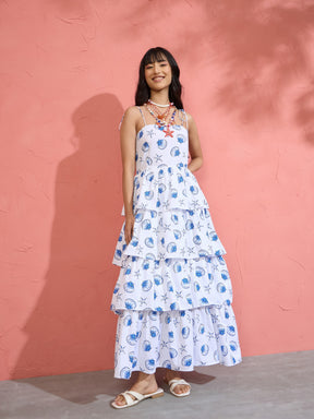Women White & Blue Printed Frill Strappy Maxi Dress