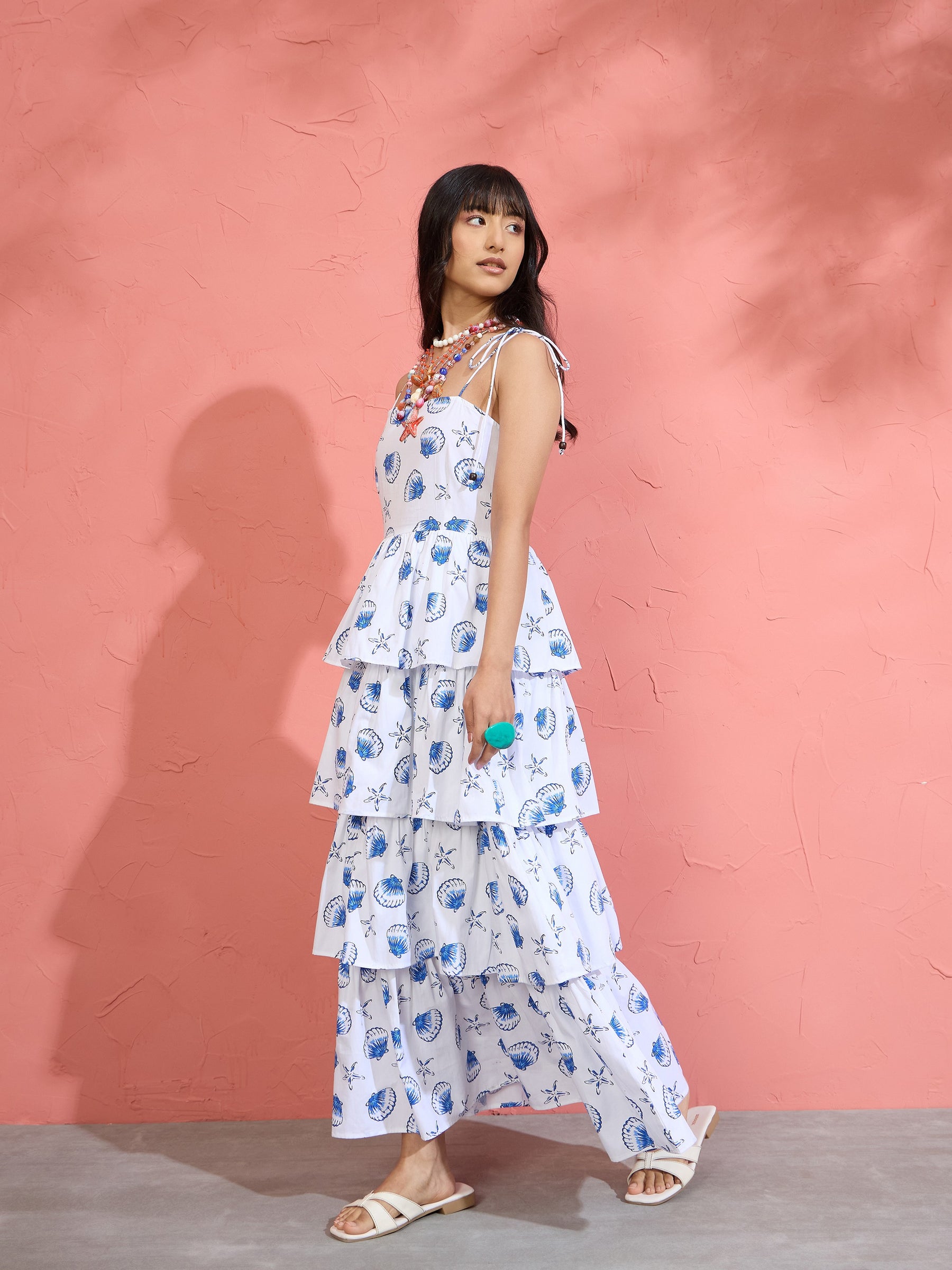 Women White & Blue Printed Frill Strappy Maxi Dress