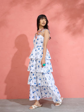 Women White & Blue Printed Frill Strappy Maxi Dress