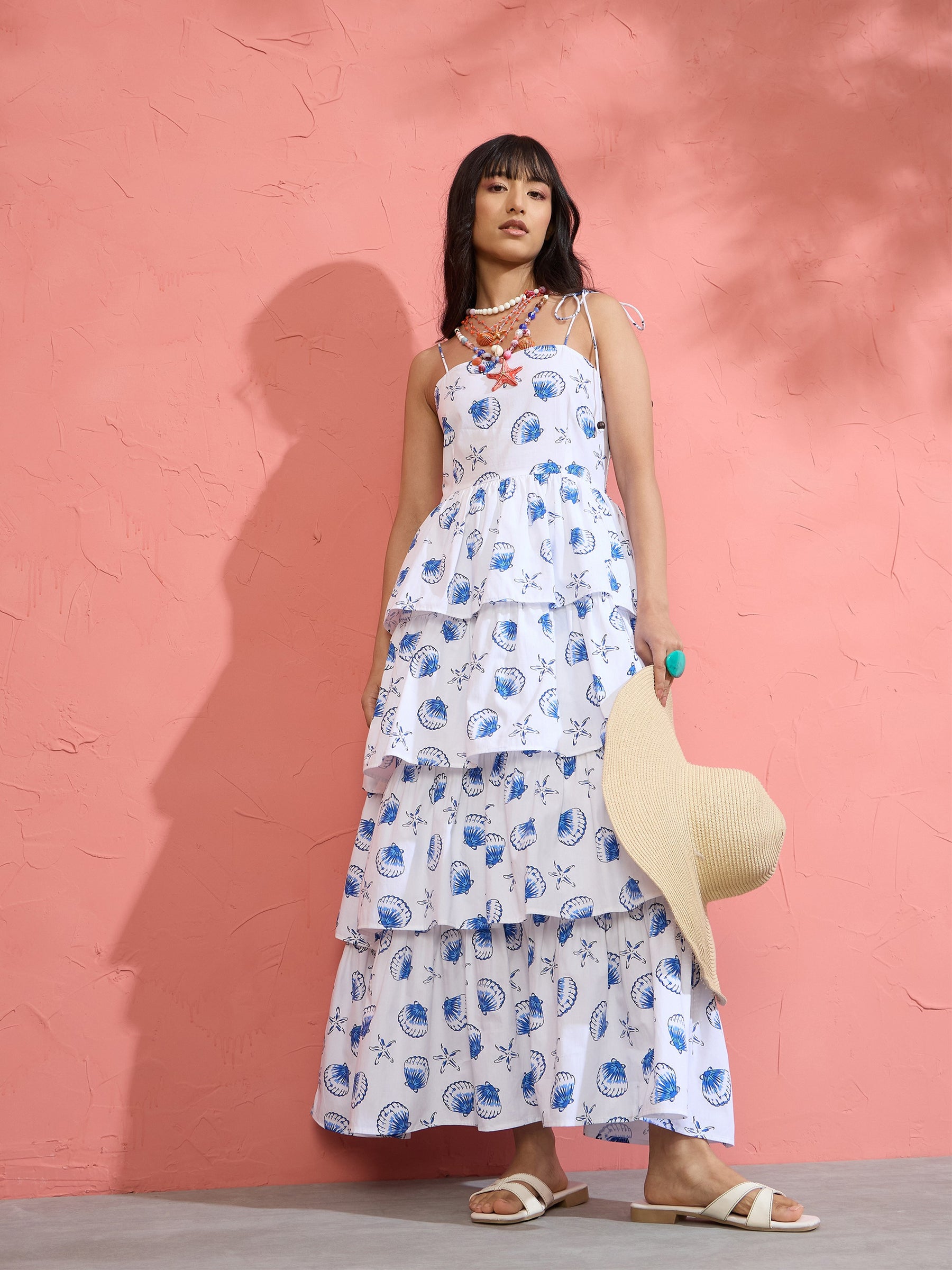 Women White & Blue Printed Frill Strappy Maxi Dress