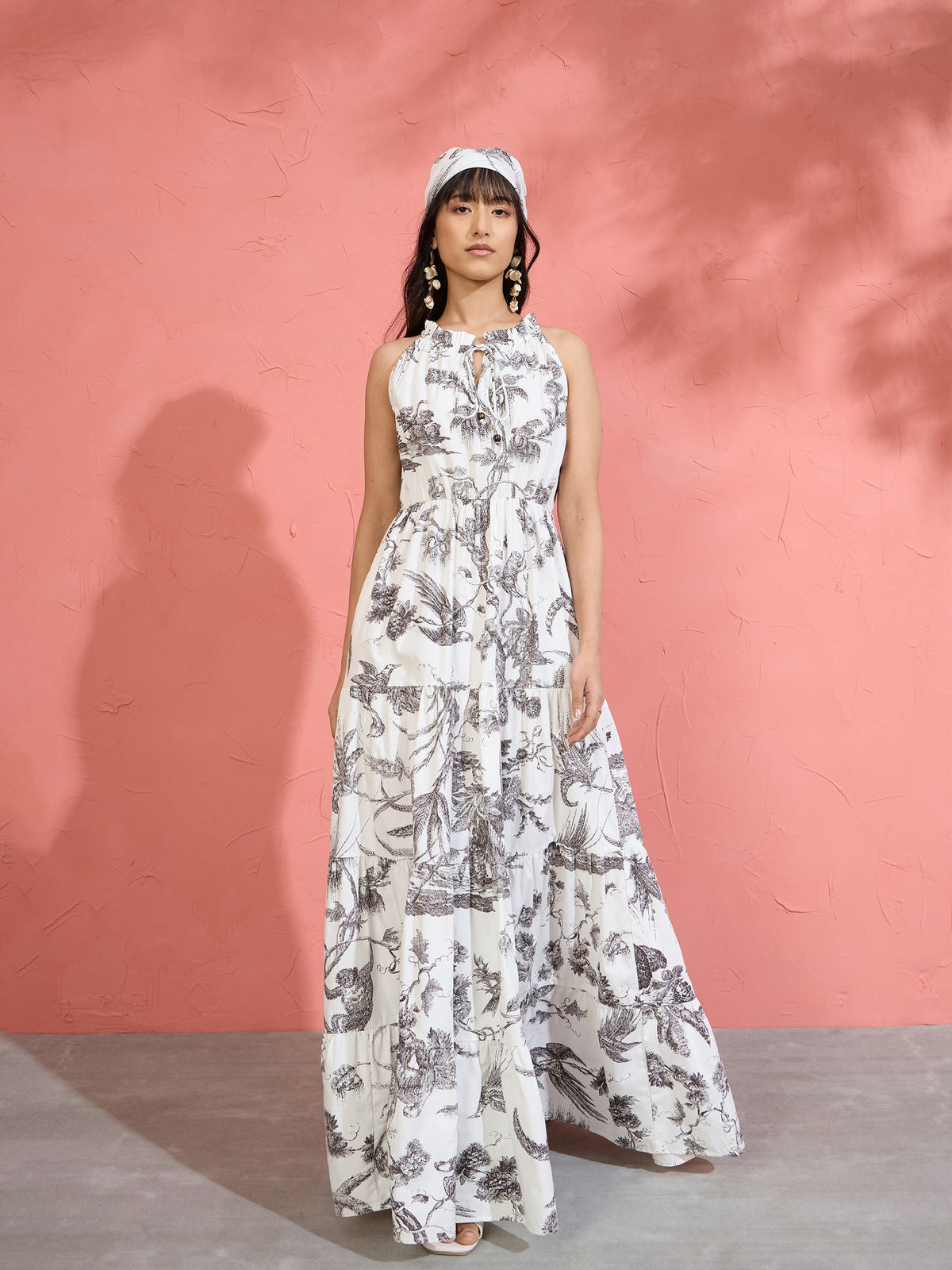 Black & White Floral Halter Neck Tiered Maxi-Pink Paprika by SASSAFRAS