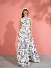 Black & White Floral Halter Neck Tiered Maxi-Pink Paprika by SASSAFRAS