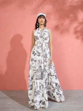 Black & White Floral Halter Neck Tiered Maxi-Pink Paprika by SASSAFRAS