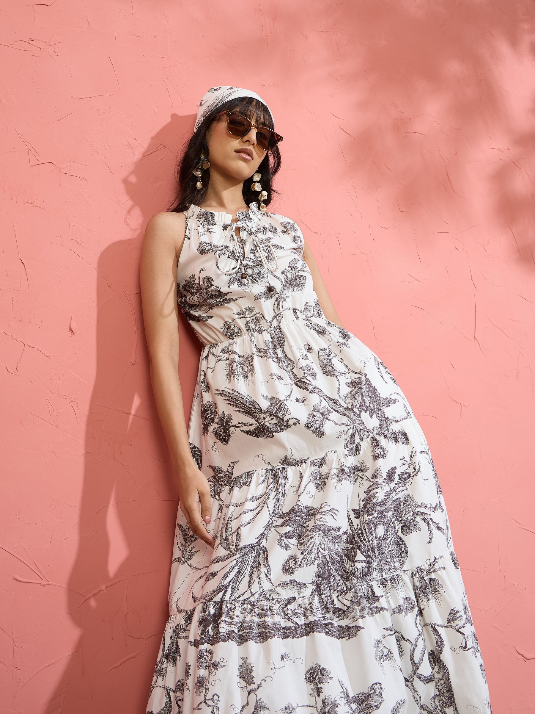 Black & White Floral Halter Neck Tiered Maxi-Pink Paprika by SASSAFRAS