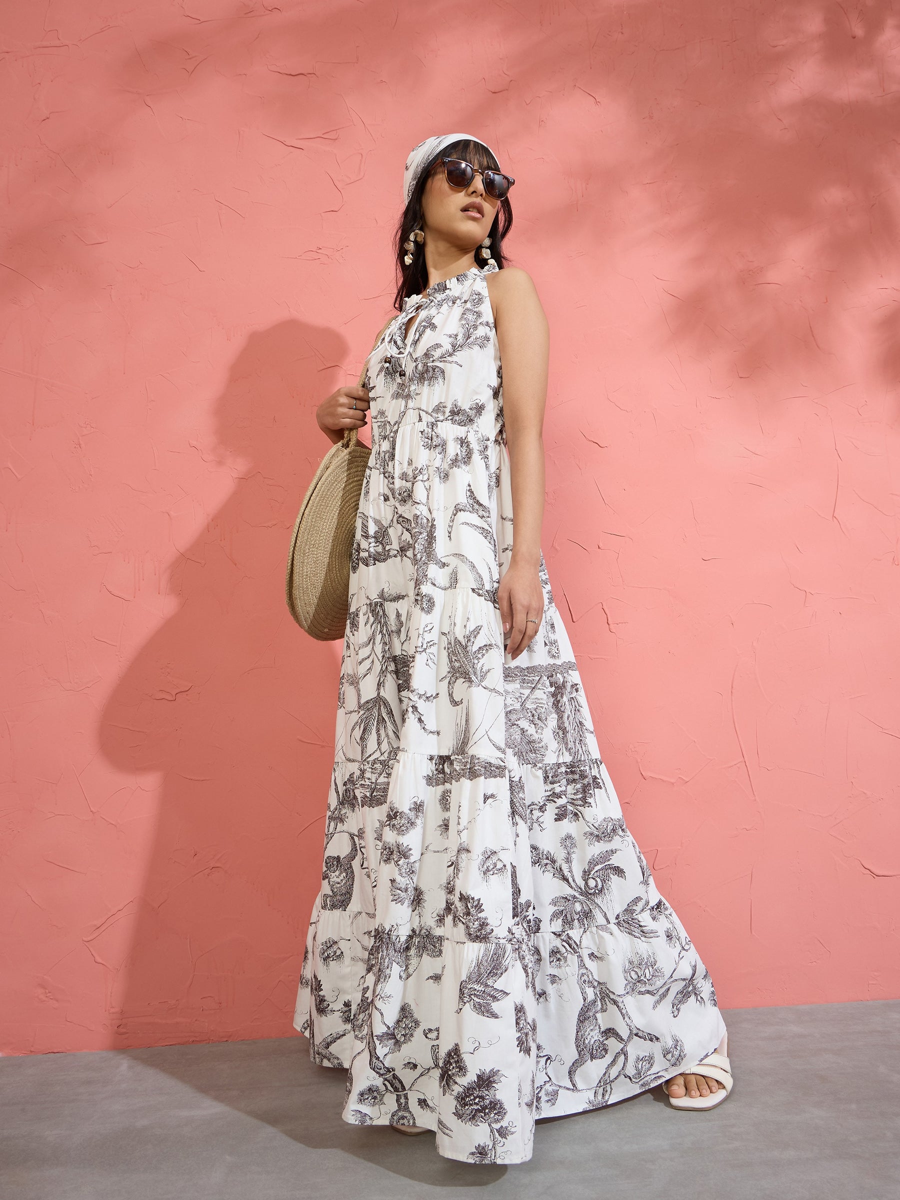 Black & White Floral Halter Neck Tiered Maxi-Pink Paprika by SASSAFRAS
