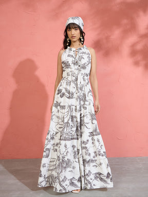 Women Black & White Floral Halter Neck Tiered Maxi