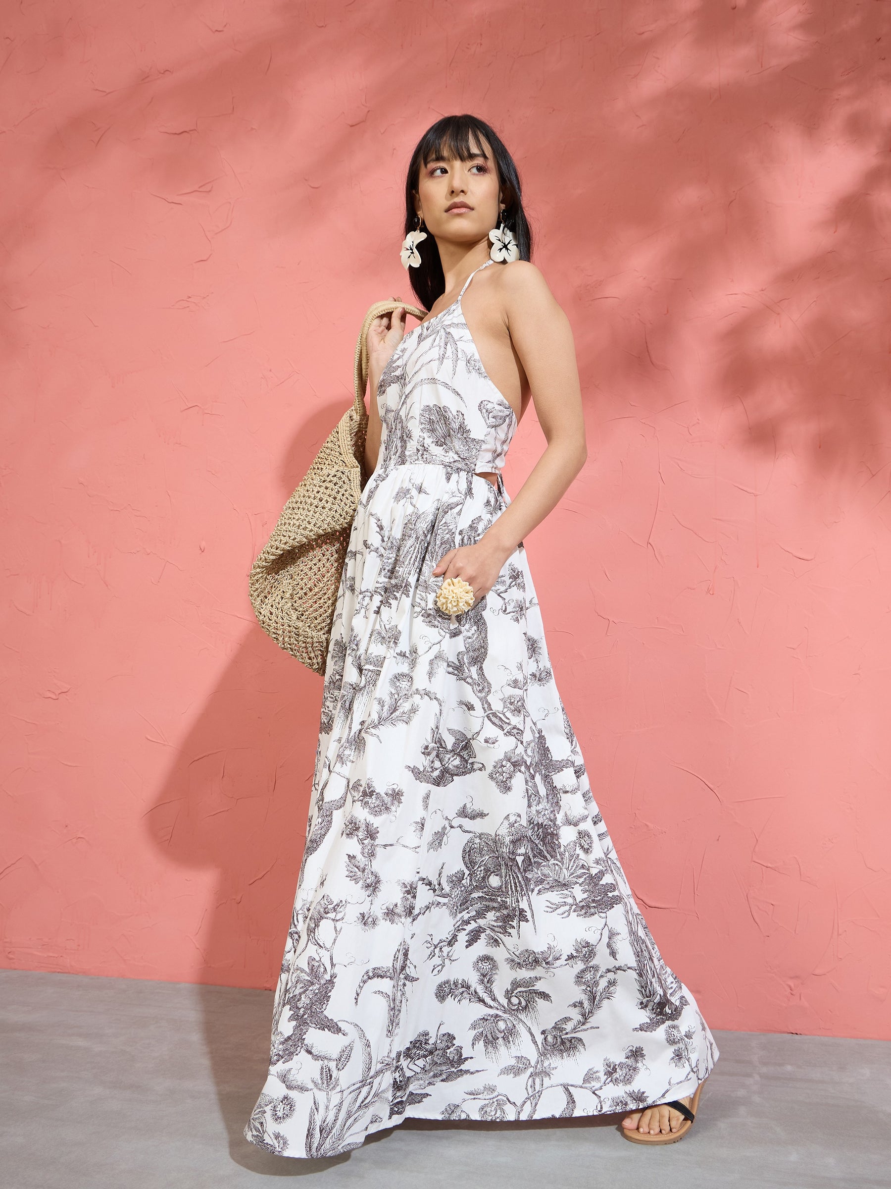 Black & White Floral Strappy Back Maxi Dress-Pink Paprika by SASSAFRAS