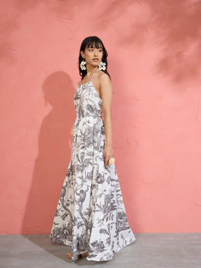 Women Black & White Floral Strappy Back Maxi Dress