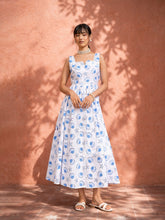 White & Blue Printed Sleeveless Button Down Midi Dress-Pink Paprika by SASSAFRAS