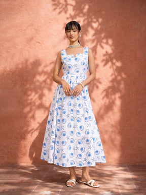 White & Blue Printed Sleeveless Button Down Midi Dress-Pink Paprika by SASSAFRAS