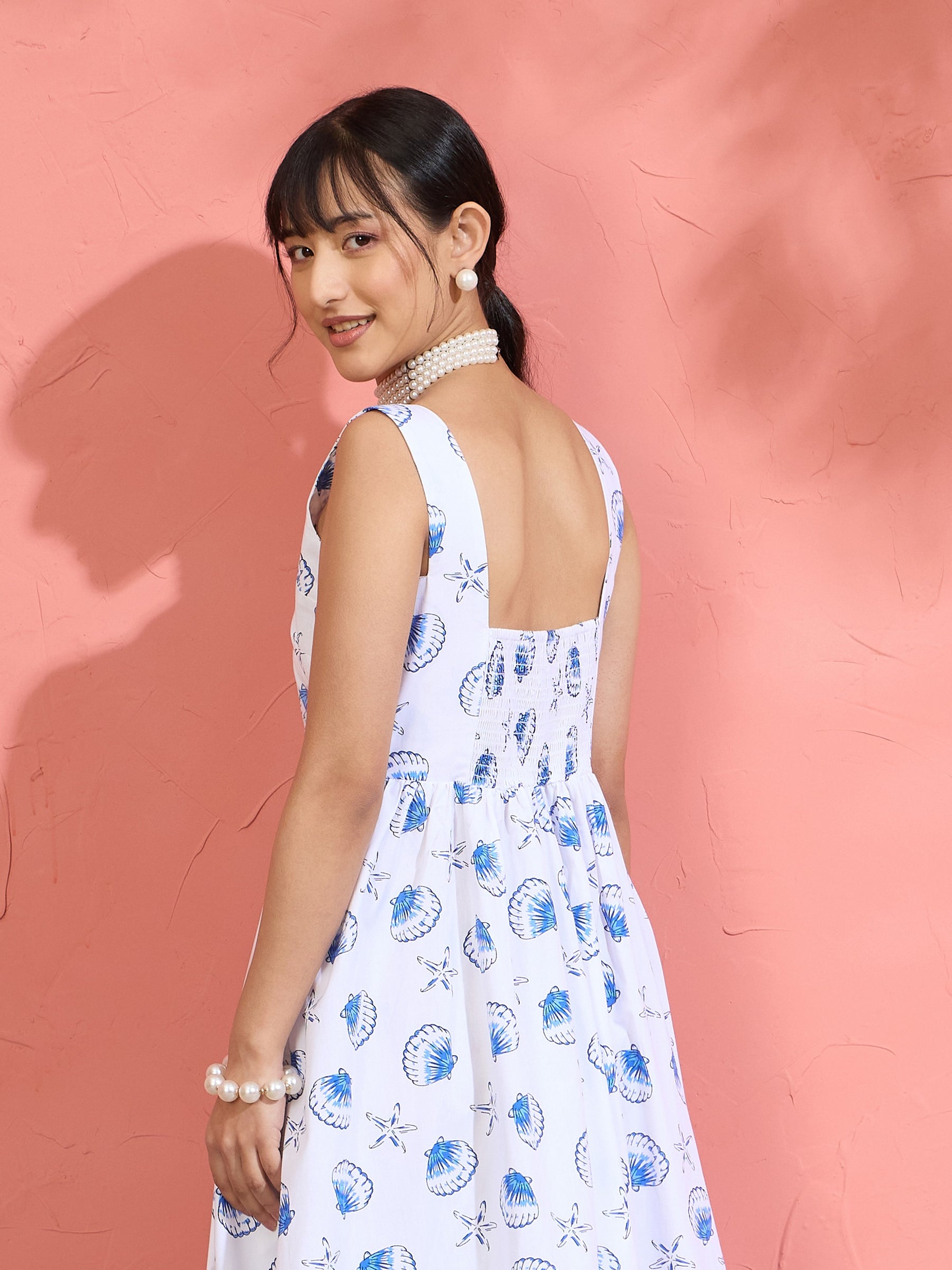 White & Blue Printed Sleeveless Button Down Midi Dress-Pink Paprika by SASSAFRAS