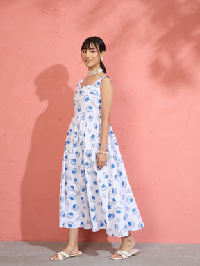 White & Blue Printed Sleeveless Button Down Midi Dress-Pink Paprika by SASSAFRAS