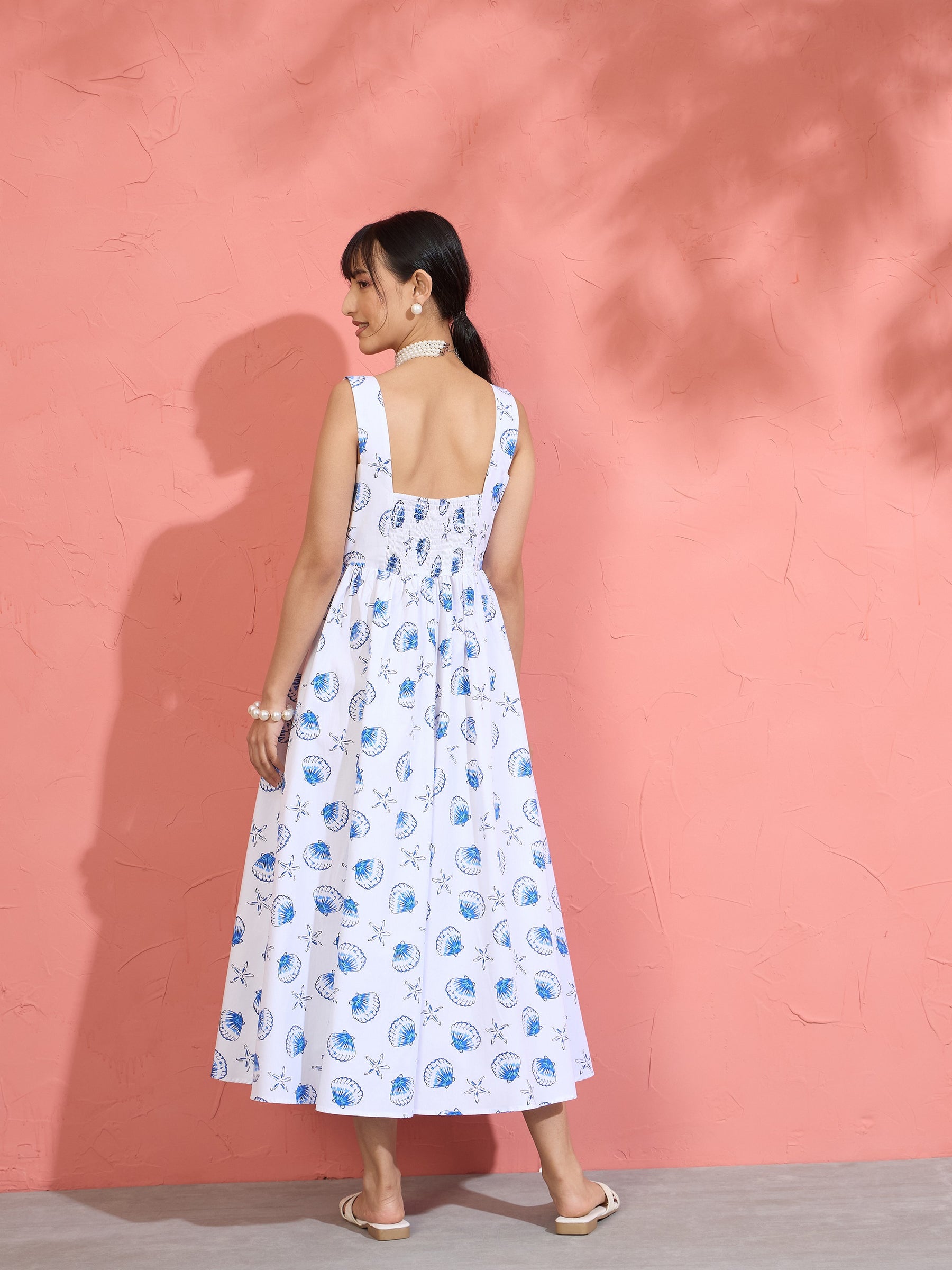 White & Blue Printed Sleeveless Button Down Midi Dress-Pink Paprika by SASSAFRAS