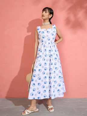 Women White & Blue Printed Sleeveless Button Down Midi Dress