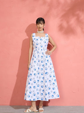 Women White & Blue Printed Sleeveless Button Down Midi Dress
