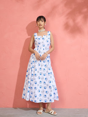Women White & Blue Printed Sleeveless Button Down Midi Dress