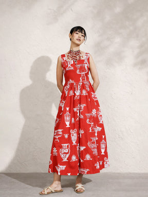 Red & White Printed Sleeveless Button Down Midi Dress-Pink Paprika by SASSAFRAS