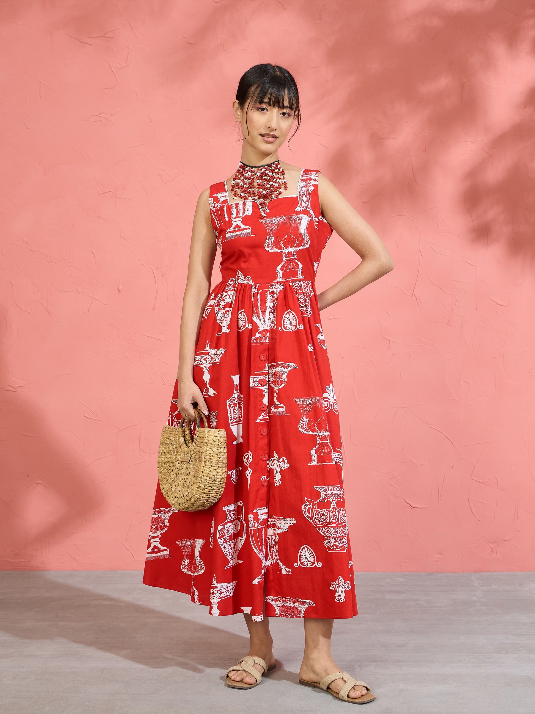 Red & White Printed Sleeveless Button Down Midi Dress-Pink Paprika by SASSAFRAS