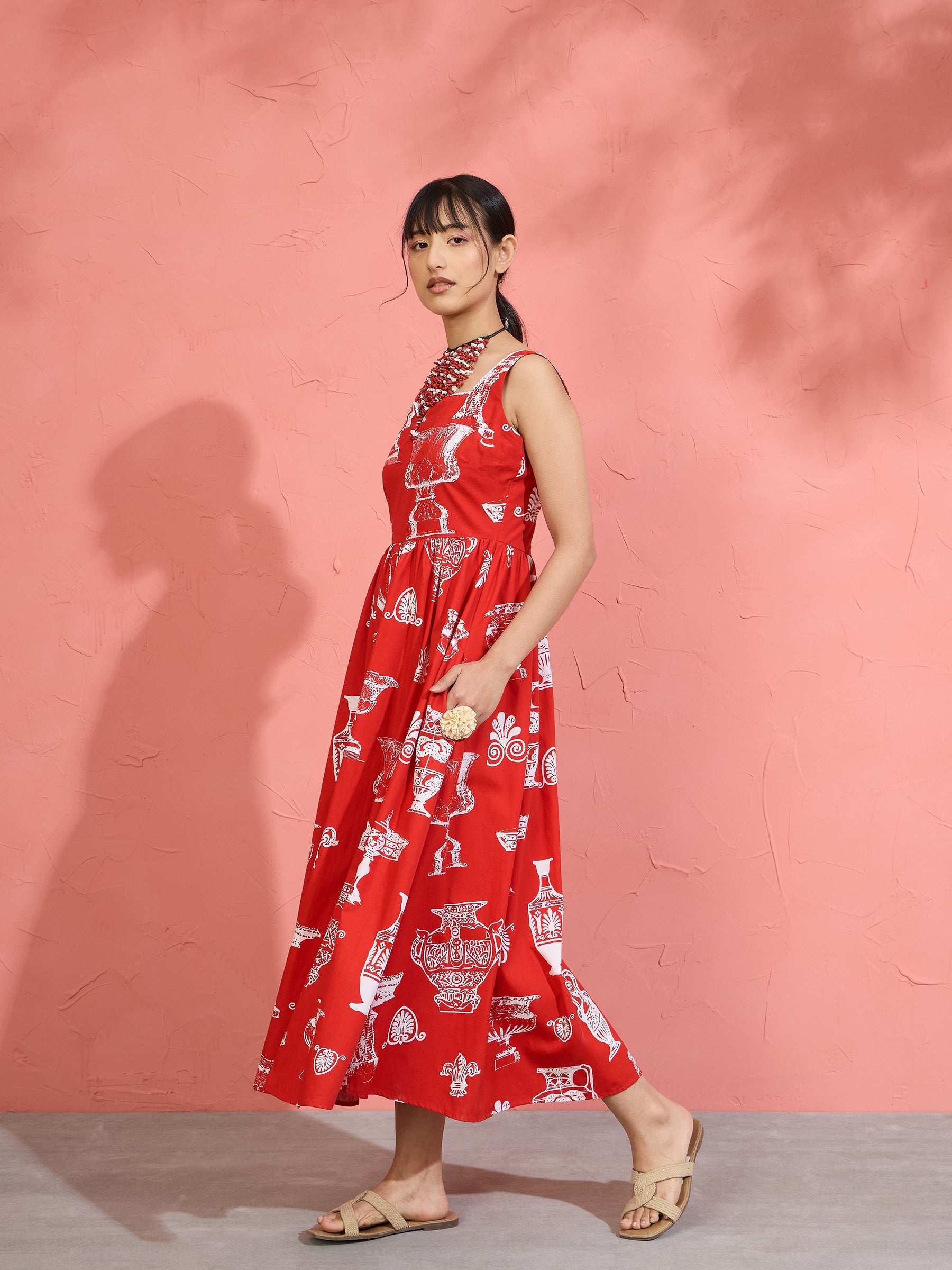 Red & White Printed Sleeveless Button Down Midi Dress-Pink Paprika by SASSAFRAS