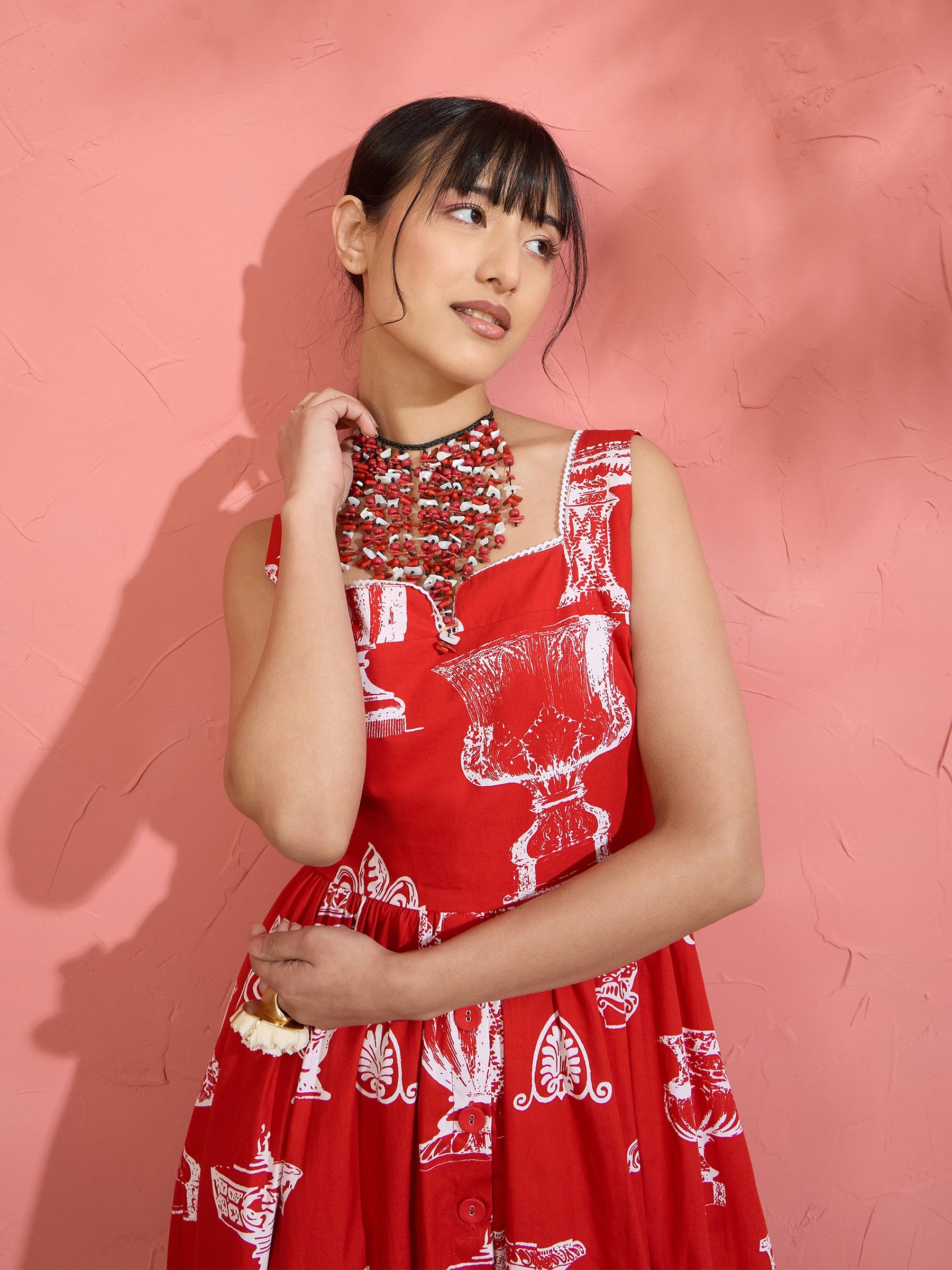 Red & White Printed Sleeveless Button Down Midi Dress-Pink Paprika by SASSAFRAS