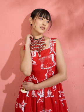 Red & White Printed Sleeveless Button Down Midi Dress-Pink Paprika by SASSAFRAS
