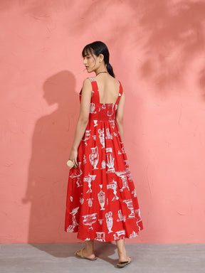 Red & White Printed Sleeveless Button Down Midi Dress-Pink Paprika by SASSAFRAS