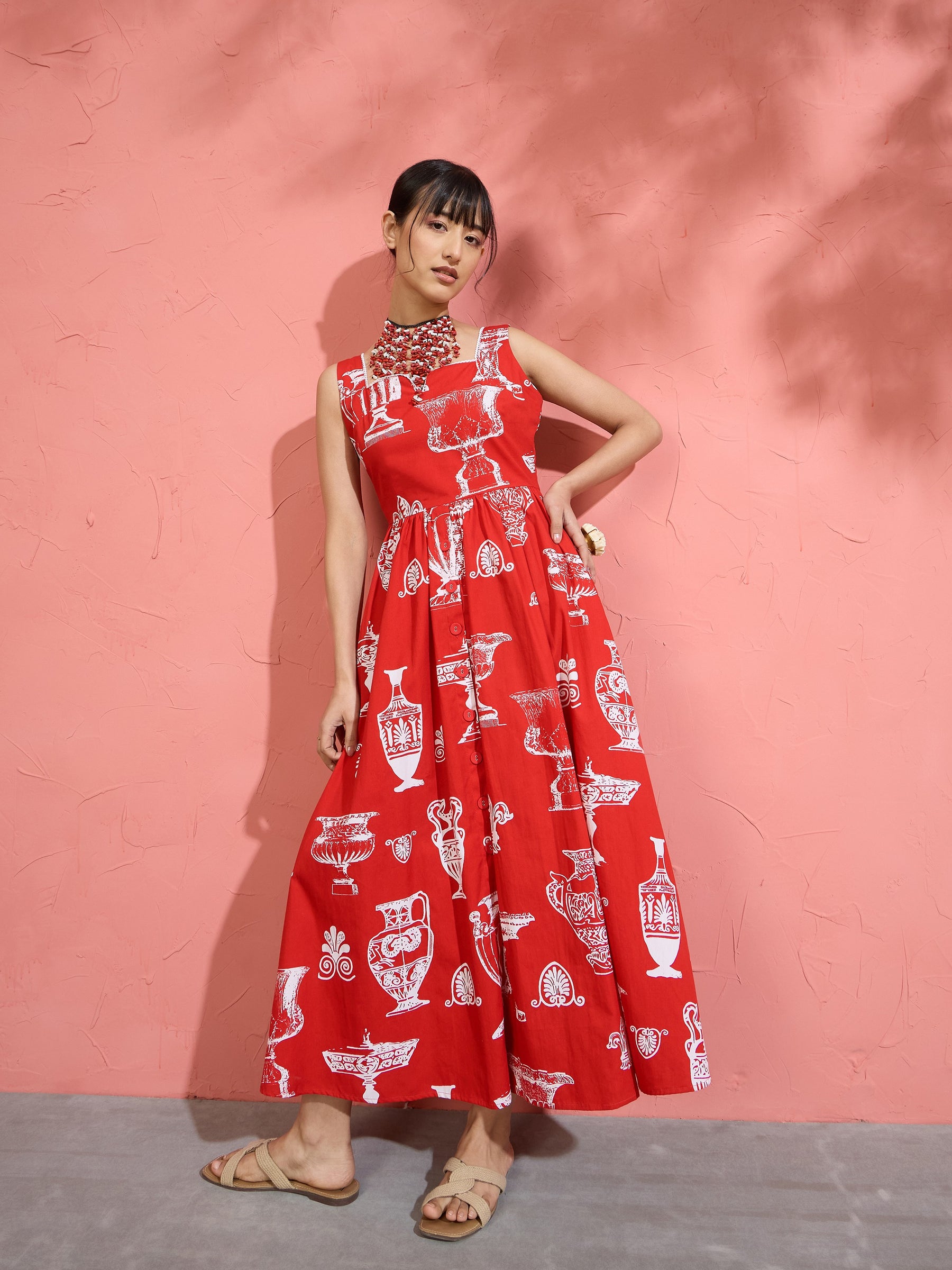 Women Red & White Printed Sleeveless Button Down Midi Dress